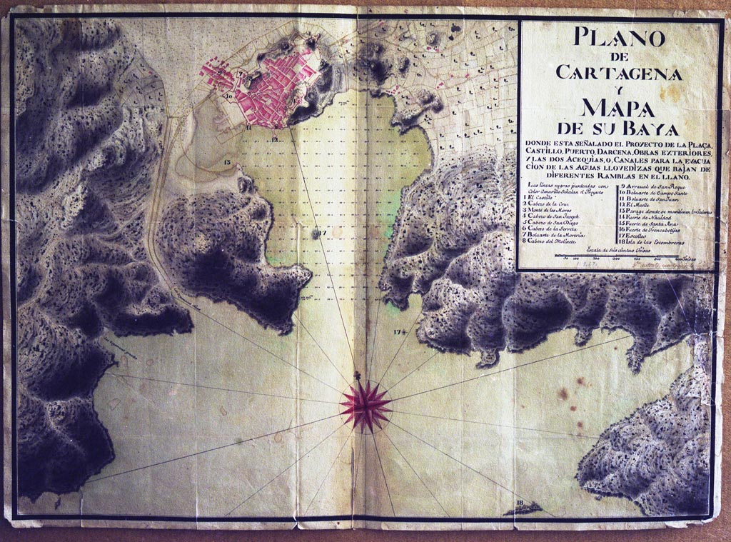 Plano de Cartagena y mapa de su bahía.